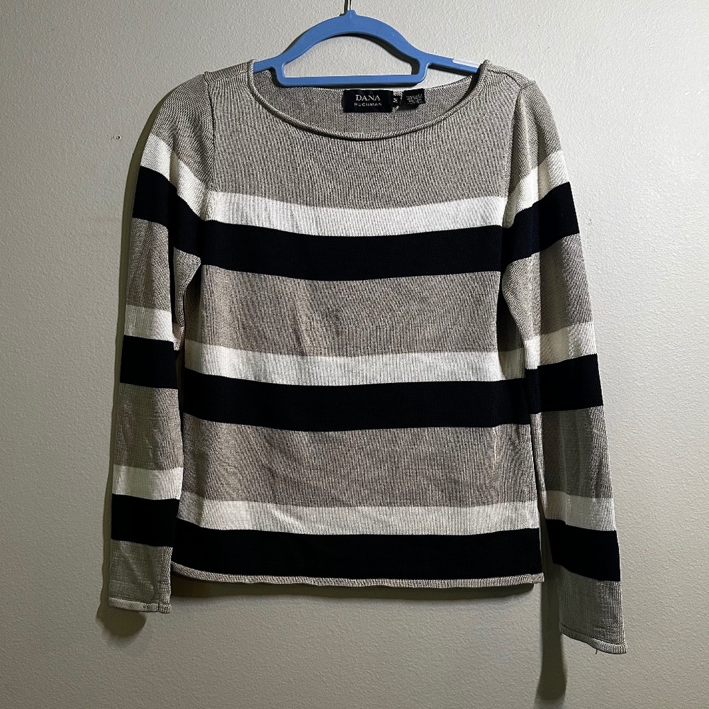 Dana Buchman 100% Silk Black/Tan Striped Sweater Size Medium